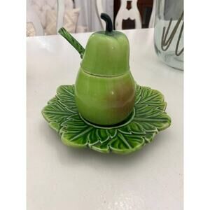 Vintage Majolica Lidded serving dish with lid plate spoon Pear shape retro